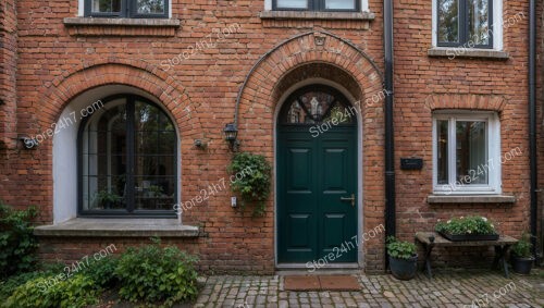 Historic Brick Gothic Home with Arched Windows and Doors