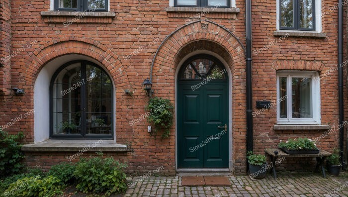 Historic Brick Gothic Home with Arched Windows and Doors