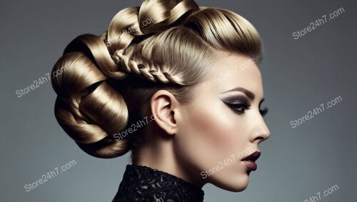 Intricate braided updo with voluminous curls and flawless makeup