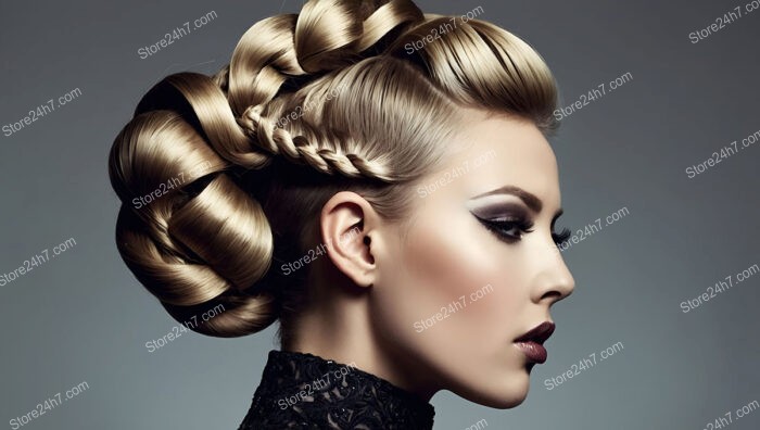 Intricate braided updo with voluminous curls and flawless makeup