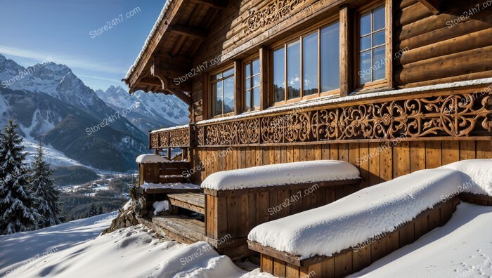 Intricately Carved Wooden Chalet with Panoramic Mountain Views