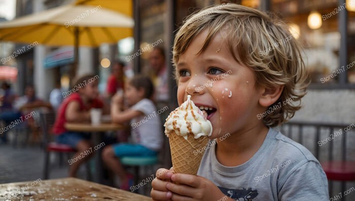 Joyful child enjoying ice cream on a sunny day