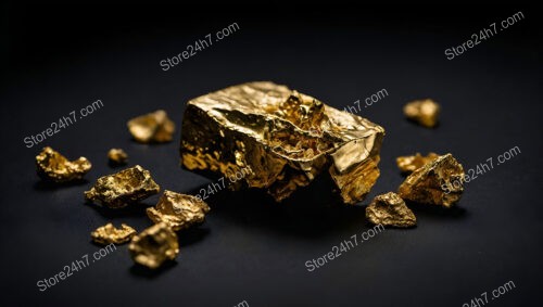 Large, Rough Gold Nugget with Smaller Pieces on Black