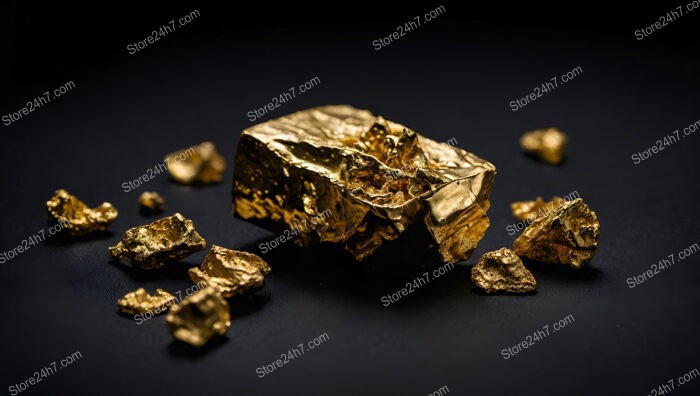 Large, Rough Gold Nugget with Smaller Pieces on Black