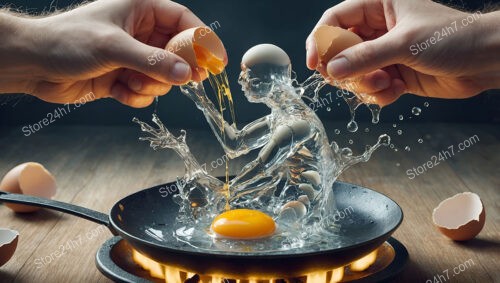 Liquid Human Figure Hatching from Egg in Frying Pan