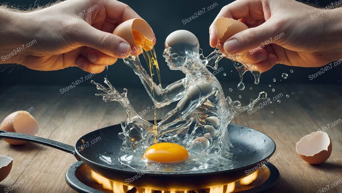 Liquid Human Figure Hatching from Egg in Frying Pan