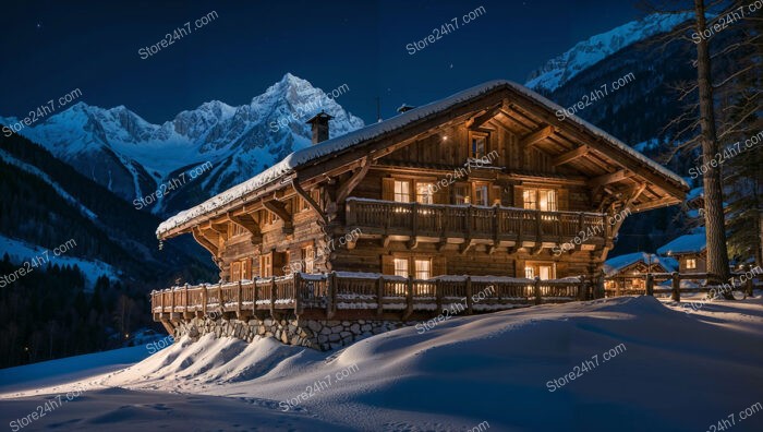 Luxurious Alpine Chalet Illuminated Under the Starry Night Sky