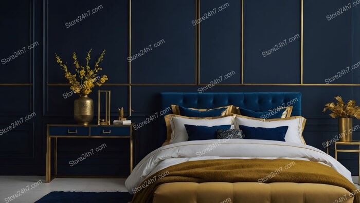 Luxurious Bedroom with Blue and Gold Accents