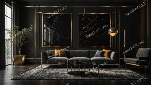 Luxurious Black and Gold Living Room with Contemporary Art