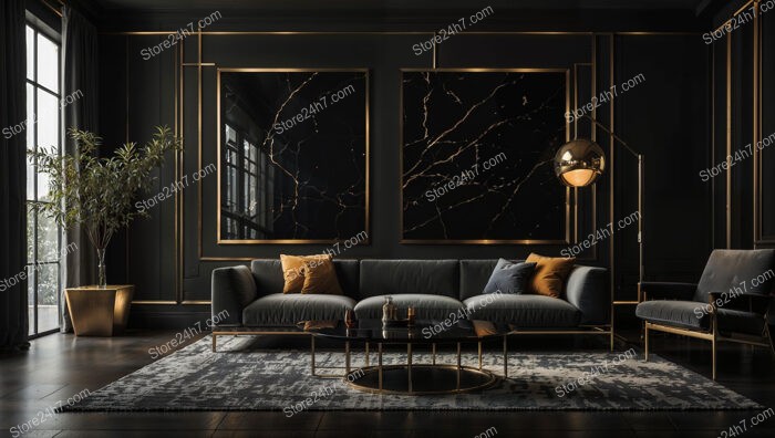 Luxurious Black and Gold Living Room with Contemporary Art