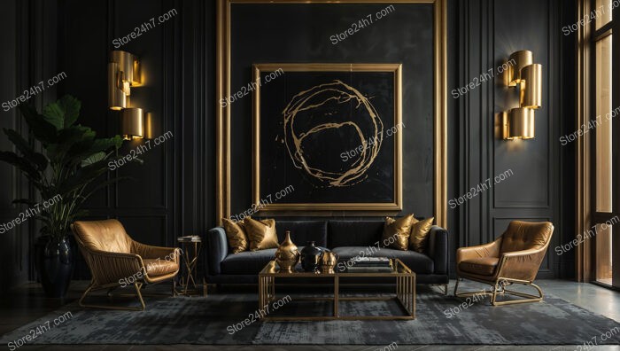 Luxurious Black and Gold Living Room with Statement Art