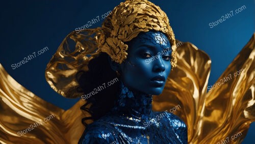 Majestic Blue Goddess Adorned in Golden Regal Attire