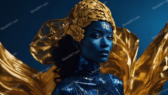 Majestic Blue Goddess Adorned in Golden Regal Attire