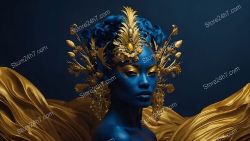 Majestic Blue Goddess Adorned with Golden Ornaments