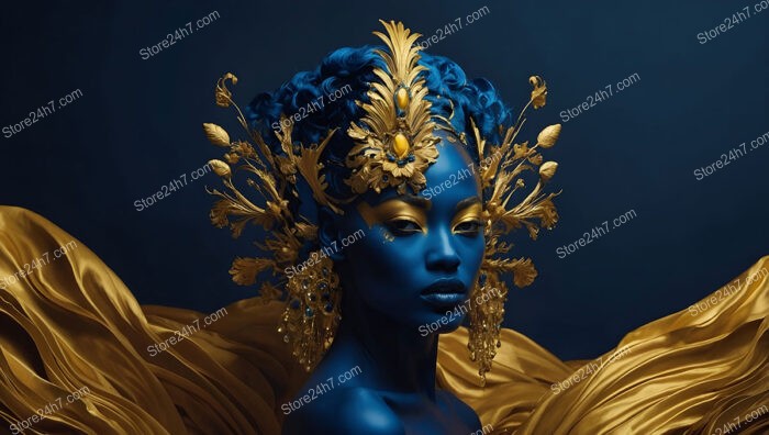 Majestic Blue Goddess Adorned with Golden Ornaments