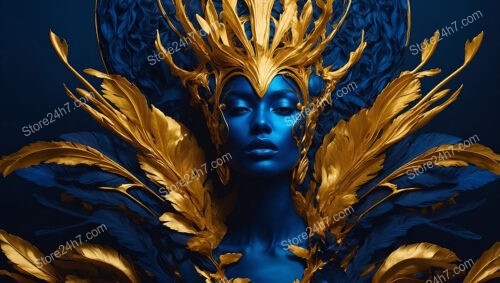 Majestic Blue Goddess Adorned with Golden Regal Headdress