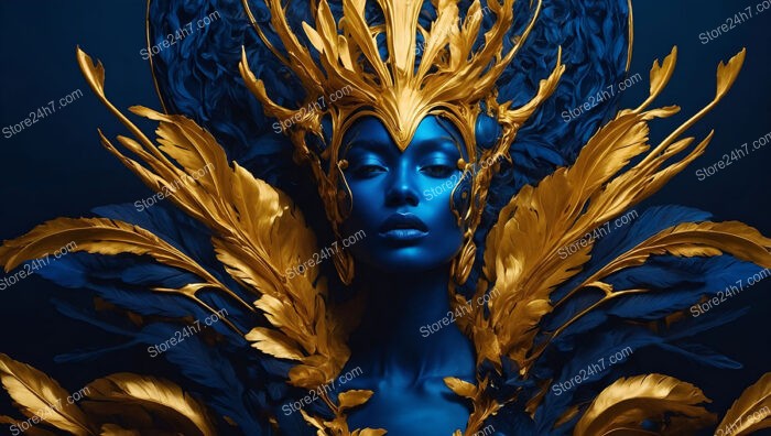 Majestic Blue Goddess Adorned with Golden Regal Headdress