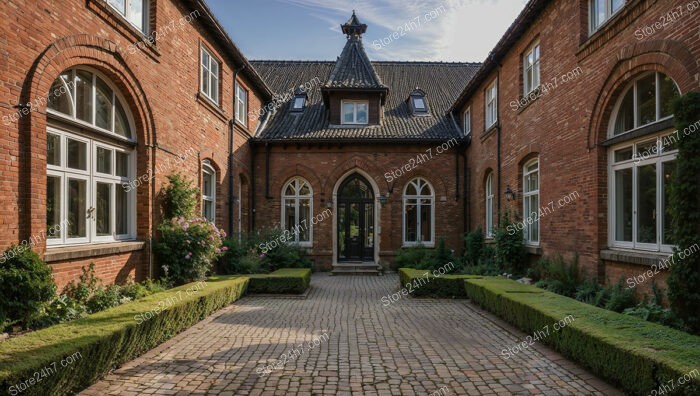 Majestic Brick Gothic Building with Grand Courtyard Entrance