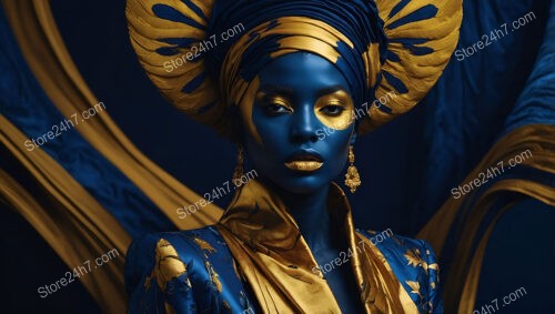 Majestic Fashion Model in Blue and Gold Ensemble