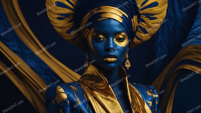 Majestic Fashion Model in Blue and Gold Ensemble