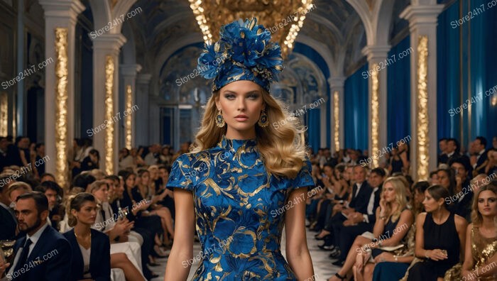 Majestic Fashion Runway with Regal Blue and Gold Ensemble