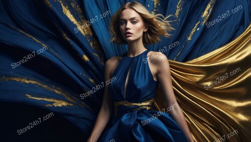 Majestic Flowing Blue and Gold Fashion Ensemble in Motion