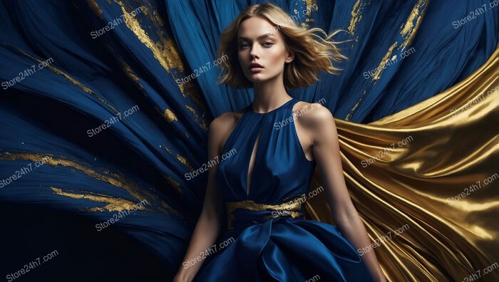 Majestic Flowing Blue and Gold Fashion Ensemble in Motion