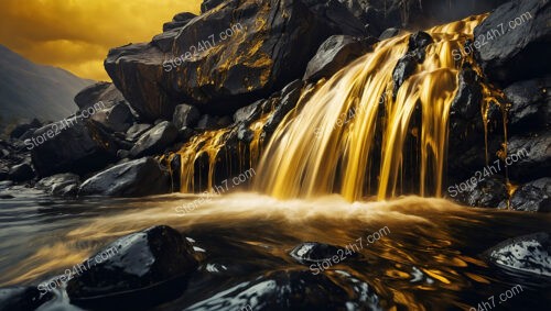 Majestic Golden Cascade Flows Over Mystical Midnight Black Rocks