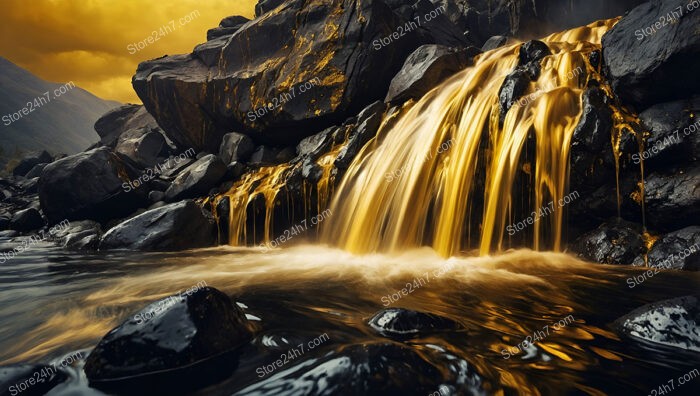 Majestic Golden Cascade Flows Over Mystical Midnight Black Rocks