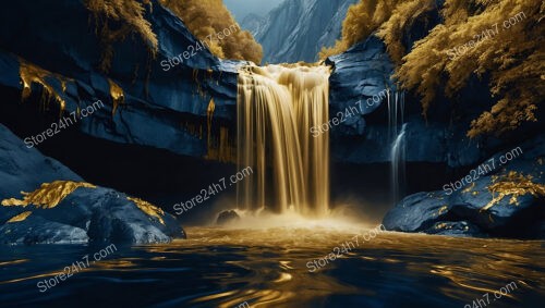 Majestic Golden Waterfall Amidst Blue Rocks and Foliage