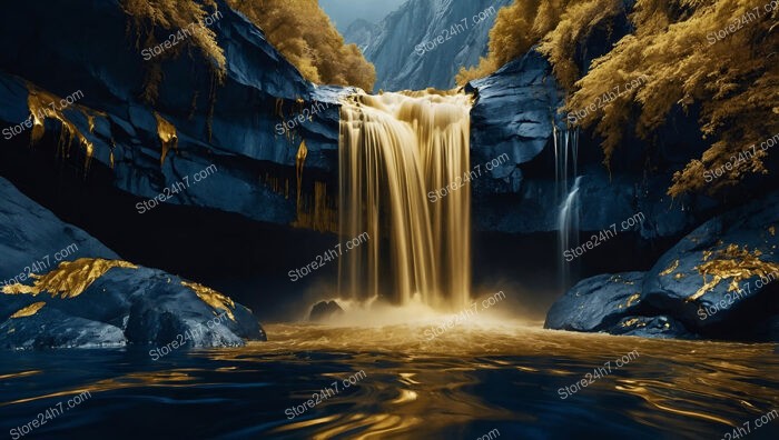 Majestic Golden Waterfall Amidst Blue Rocks and Foliage