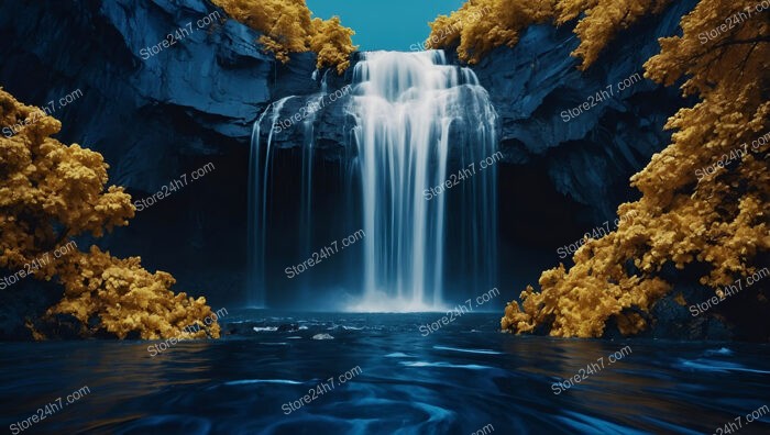 Majestic Waterfall Cascading Into a Golden-Blue Dreamscape