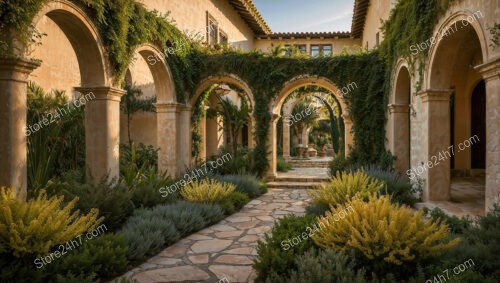 Mediterranean Garden Courtyard with Stone Pathway and Arches