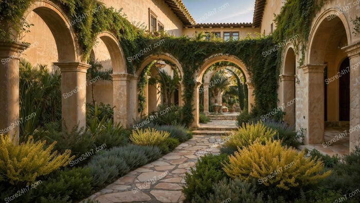 Mediterranean Garden Courtyard with Stone Pathway and Arches