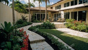 Mediterranean-Inspired Courtyard with Stone Pathway and Lush Plants