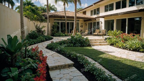 Mediterranean-Inspired Courtyard with Stone Pathway and Lush Plants