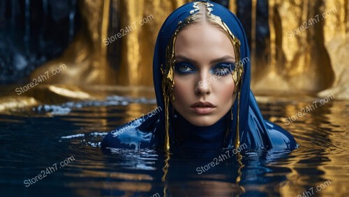 Mesmerizing Fashion Model in Blue and Gold Attire