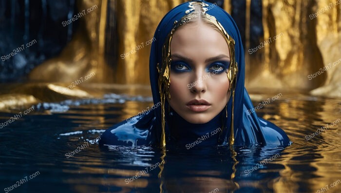 Mesmerizing Fashion Model in Blue and Gold Attire