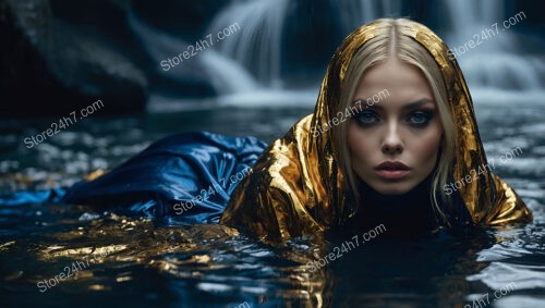 Model Draped in Blue and Gold by Waterfall