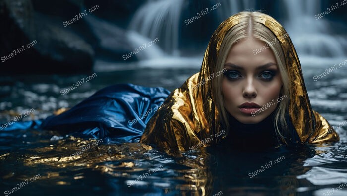 Model Draped in Blue and Gold by Waterfall