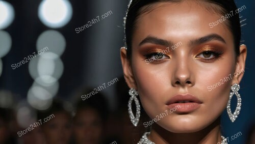 Model in Exquisite Jewelry and Glamorous Makeup on Runway