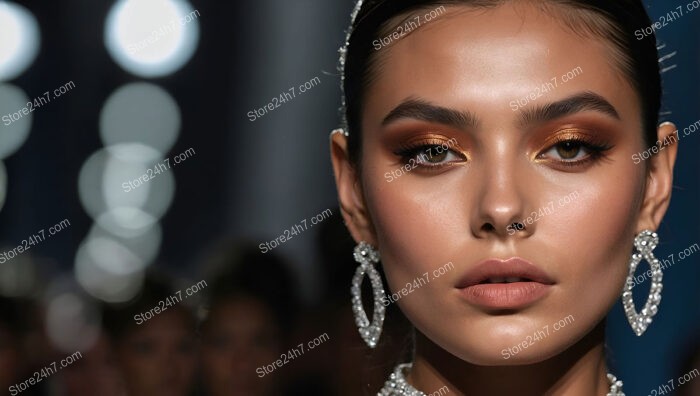 Model in Exquisite Jewelry and Glamorous Makeup on Runway