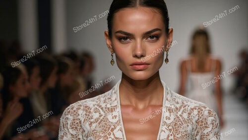 Model in Intricate Lace Fashion on Runway