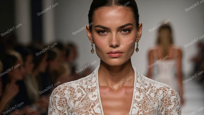 Model in Intricate Lace Fashion on Runway