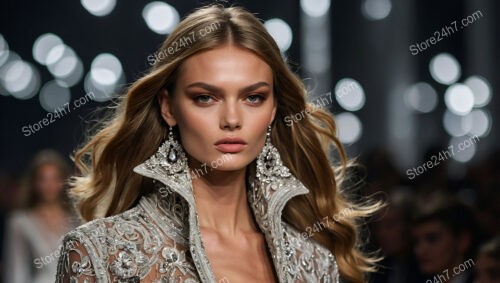 Model in Ornate Jacket with Flowing Hair on Runway