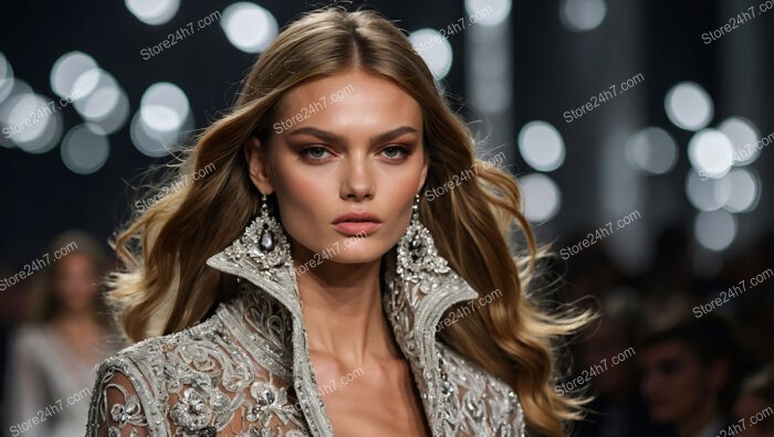 Model in Ornate Jacket with Flowing Hair on Runway