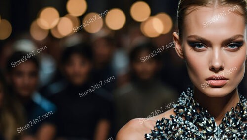 Model Radiates Elegance Amidst Runway Glamour and Lights