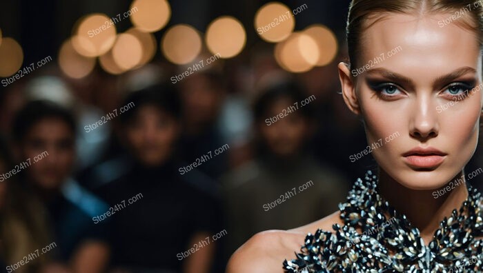 Model Radiates Elegance Amidst Runway Glamour and Lights