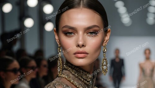 Model with Elegant Jewelry and Poised Expression on Runway