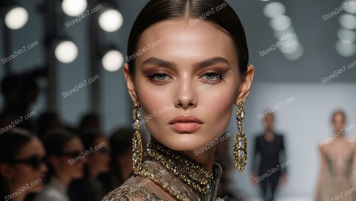 Model with Elegant Jewelry and Poised Expression on Runway